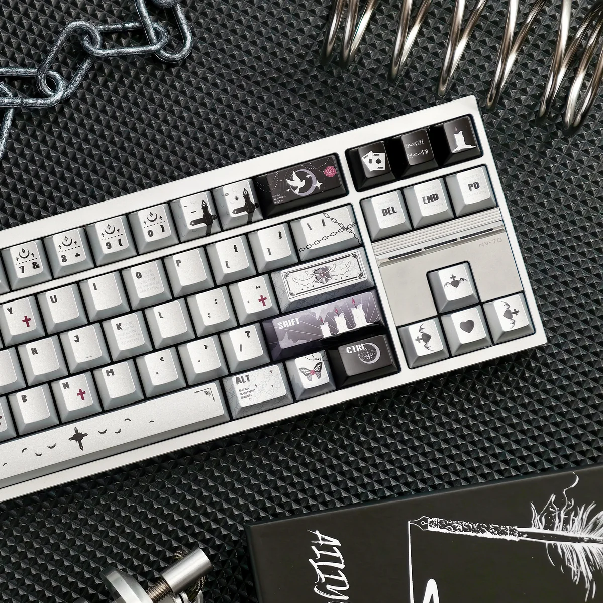 A collection of PBT dye-sub gothic style prayer keycaps from various angles, showcasing the unique spiritual sanctuary theme, ancient iconography, and metallic sheen.