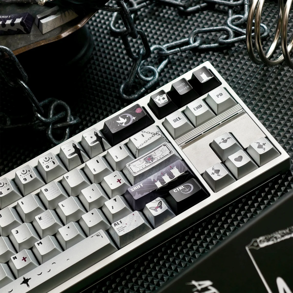 Gothic Style Prayer Keycaps PBT Dye-Sub gallery. Durable PBT with unique spiritual, ancient iconography, metallic sheen, shown from multiple angles.