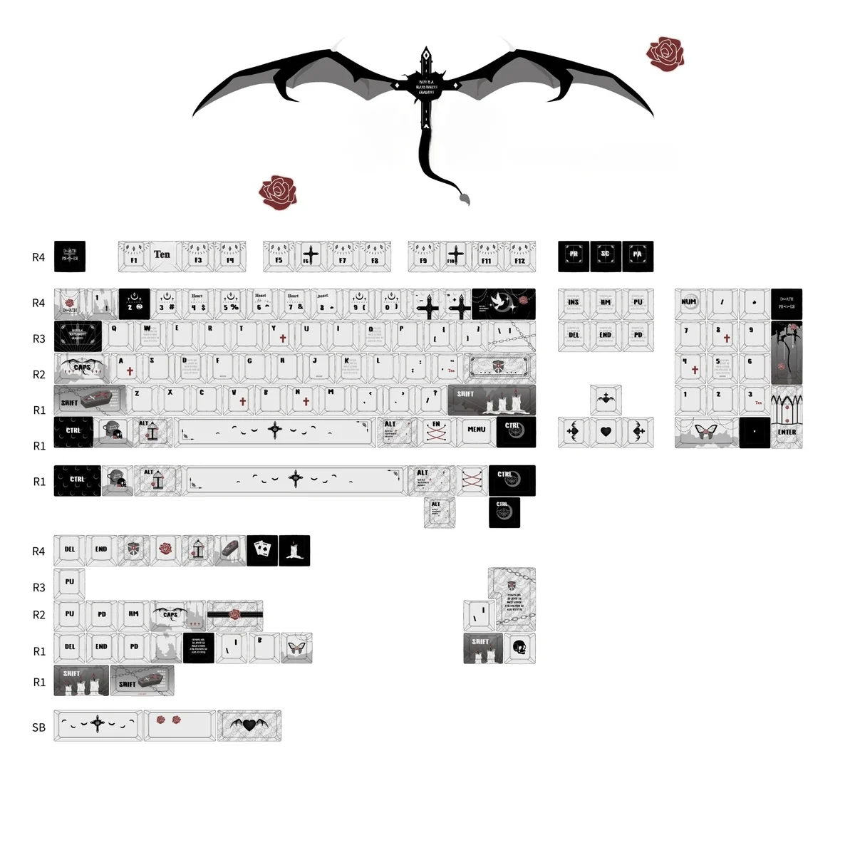Artistic Gothic Style Prayer Keycaps set, showcasing unique spiritual iconography with a metallic sheen. Durable PBT Dye-Sub construction evokes peace.
