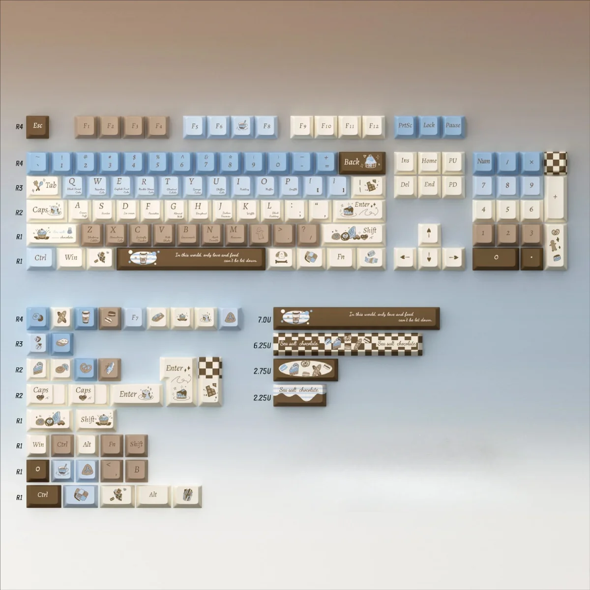 A close-up view of the Gourmet Sea Salt PBT dye-sub keycaps, highlighting their warm brown, creamy white, and subtle grey gourmet chocolate aesthetic.