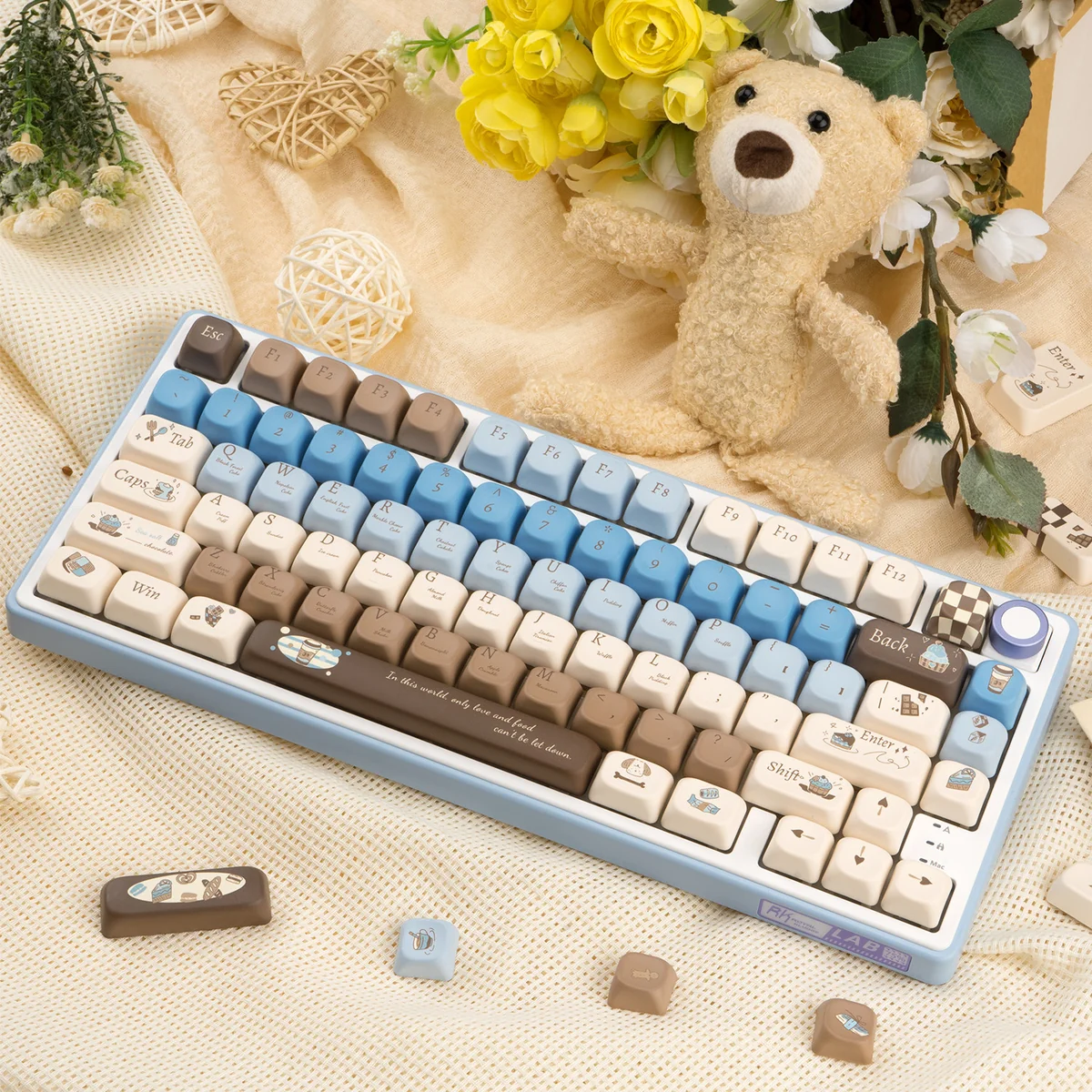 Premium PBT Dye-Sub Gourmet Sea Salt keycaps (145 keys) in warm browns, creamy whites, and subtle grey, evoking a sophisticated chocolate theme.