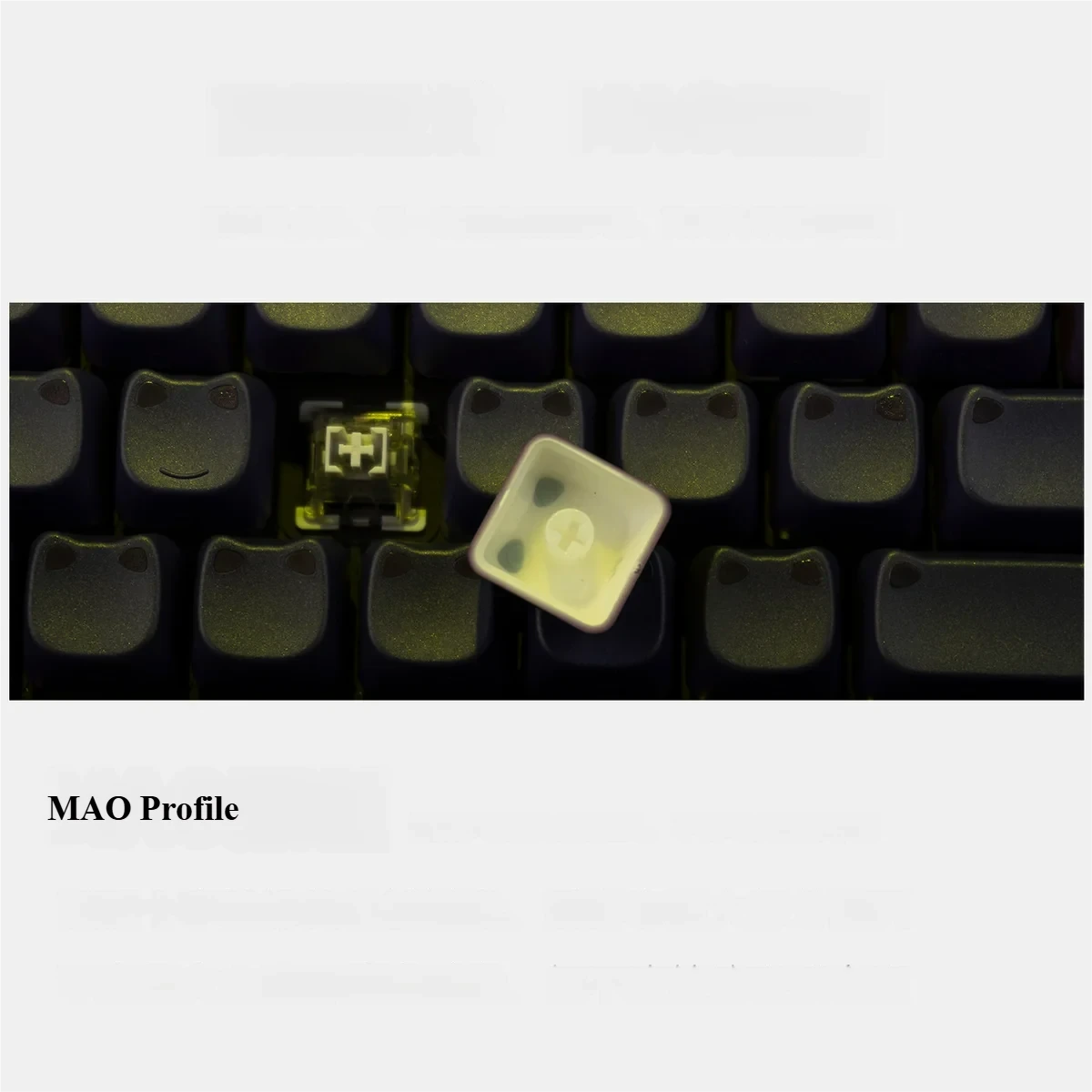 A detailed close-up of the luminous gradient cat ear keycap set, showcasing its vibrant color flow, playful glowing accents, and clear side legends.