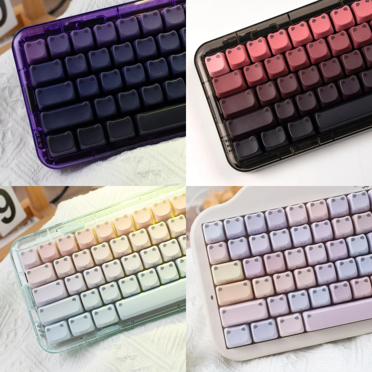 Artistic shot of a vibrant luminous gradient keycap set, highlighting its playful design and glowing colors with subtle side legends.