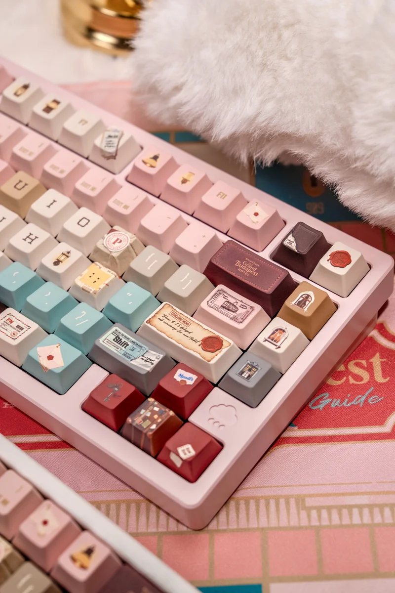Grand Budapest PBT keycaps set, showcasing the exclusive pastel art deco design and whimsical Wes Anderson aesthetic, perfect for a vintage keyboard.