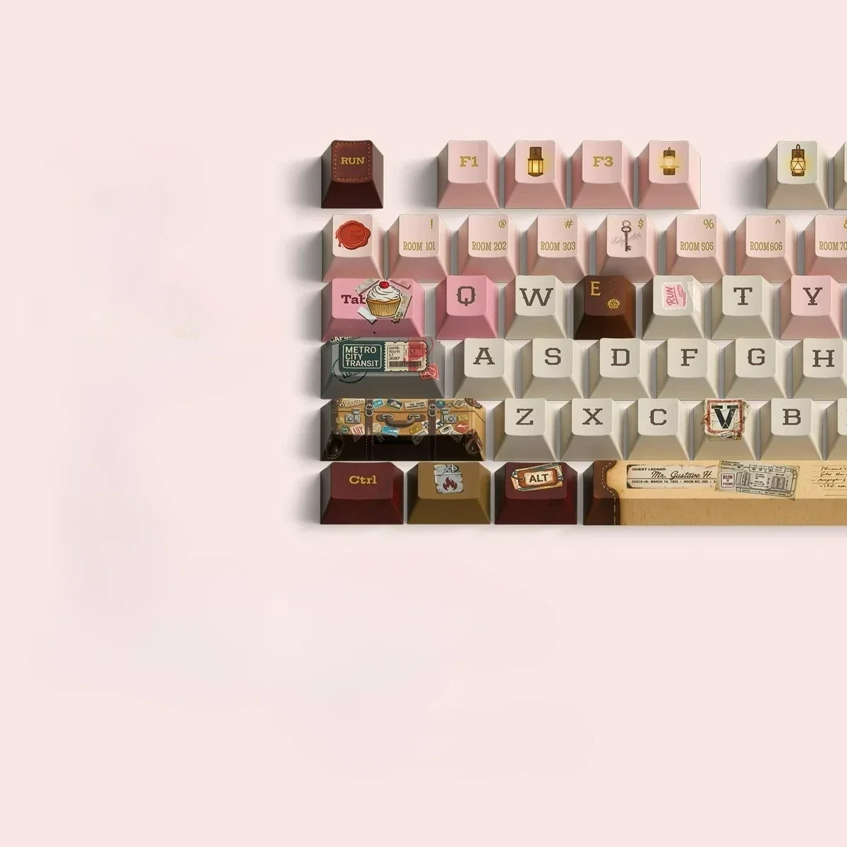 Close-up of exclusive Grand Budapest Hotel PBT keycaps set showcasing pastel art deco designs and Wes Anderson aesthetic from a unique angle.