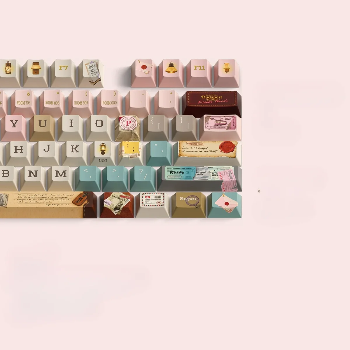 Grand Budapest PBT keycaps set, showcasing intricate pastel art deco designs and whimsical Wes Anderson aesthetic from various angles.