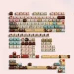 A close-up view of the exclusive Grand Budapest PBT keycaps set, showcasing pastel art deco designs and the unique Wes Anderson aesthetic, perfect for visual.
