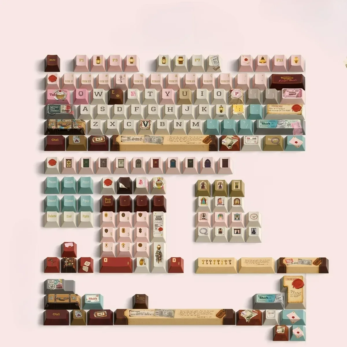 A close-up view of the exclusive Grand Budapest PBT keycaps set, showcasing pastel art deco designs and the unique Wes Anderson aesthetic, perfect for visual.