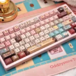 Exclusive Grand Budapest keycaps set, featuring pastel art deco PBT design and a whimsical Wes Anderson aesthetic, capturing vintage travel charm.
