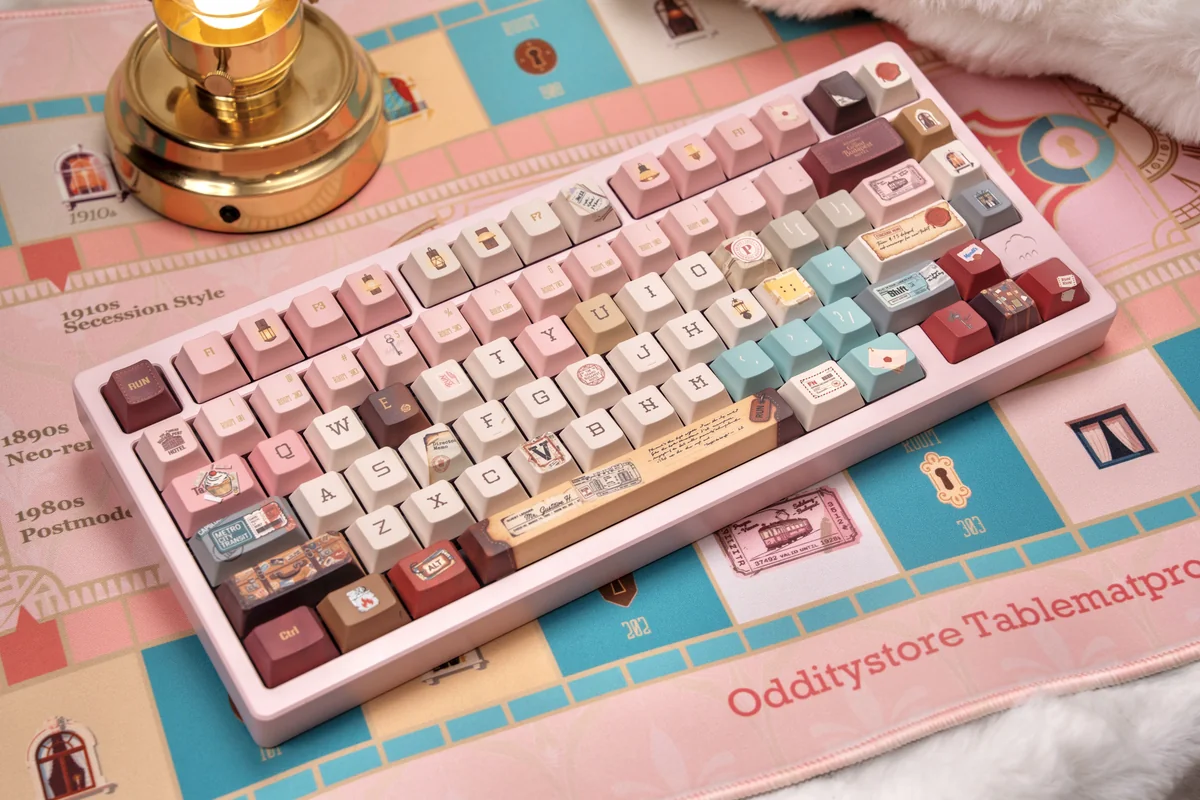 Exclusive Grand Budapest keycaps set, featuring pastel art deco PBT design and a whimsical Wes Anderson aesthetic, capturing vintage travel charm.