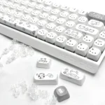 Exclusive Gray Rilakkuma PBT MOA keycap set displayed from various angles, featuring beloved characters in a sophisticated grayscale palette.