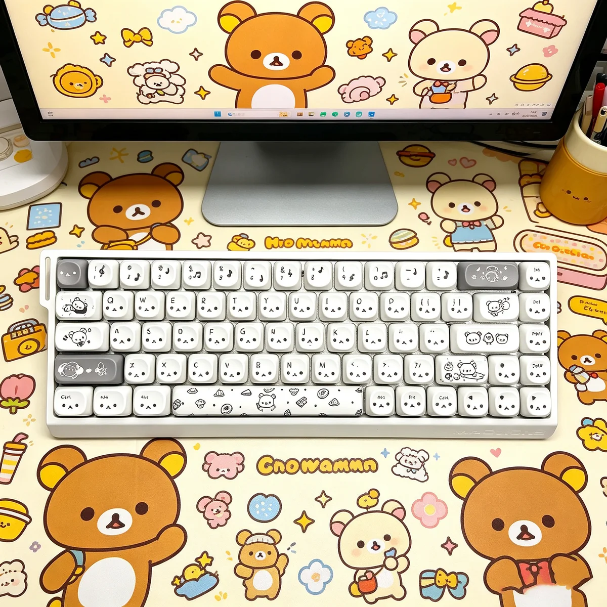 Exclusive Gray Rilakkuma PBT MOA Keycap Set, showcasing beloved characters in a sophisticated, minimalist design for a serene desktop aesthetic.