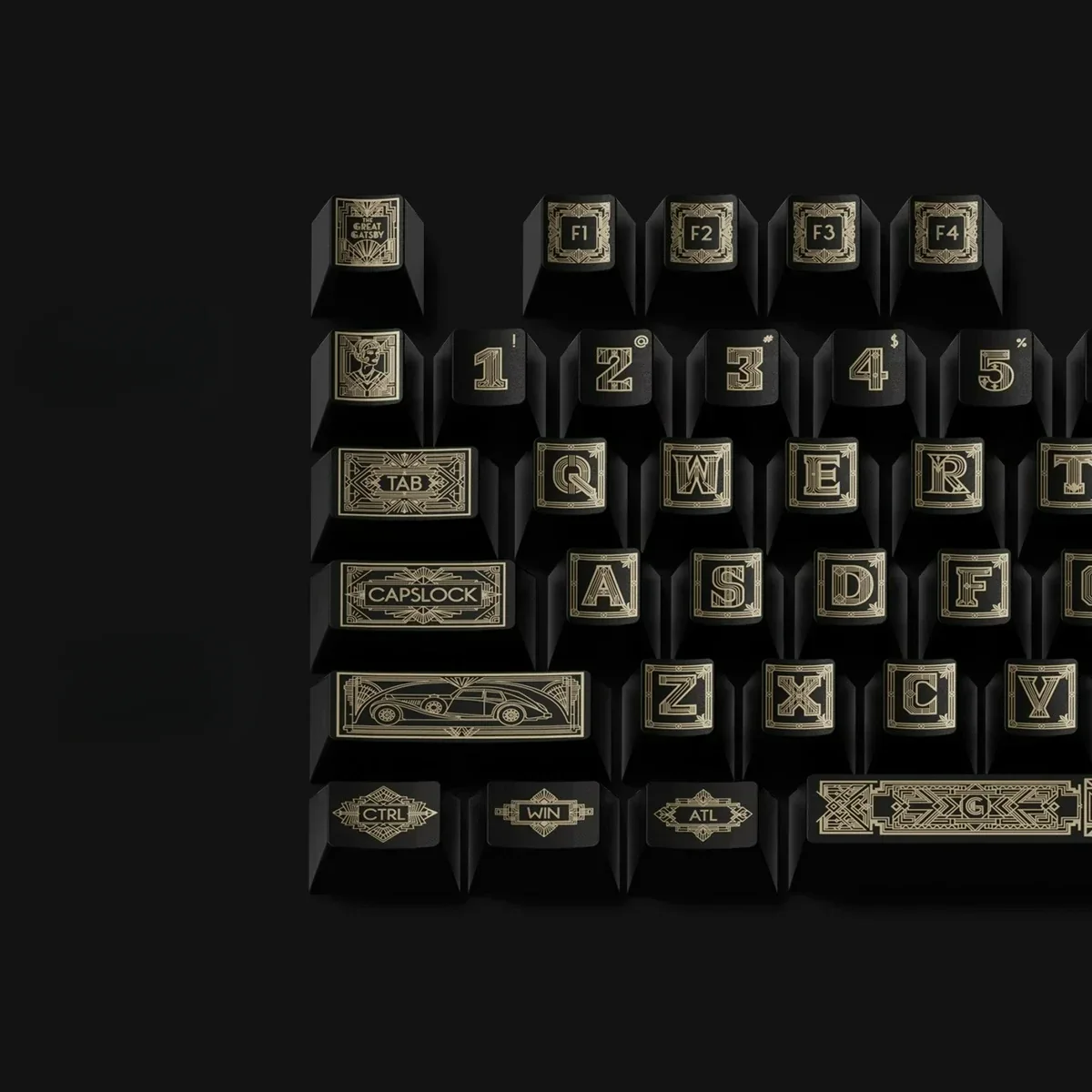 Close-up of The Great Gatsby Cherry Keycap Set, showcasing the vintage design from various angles, embodying lavish Gatsby-inspired.