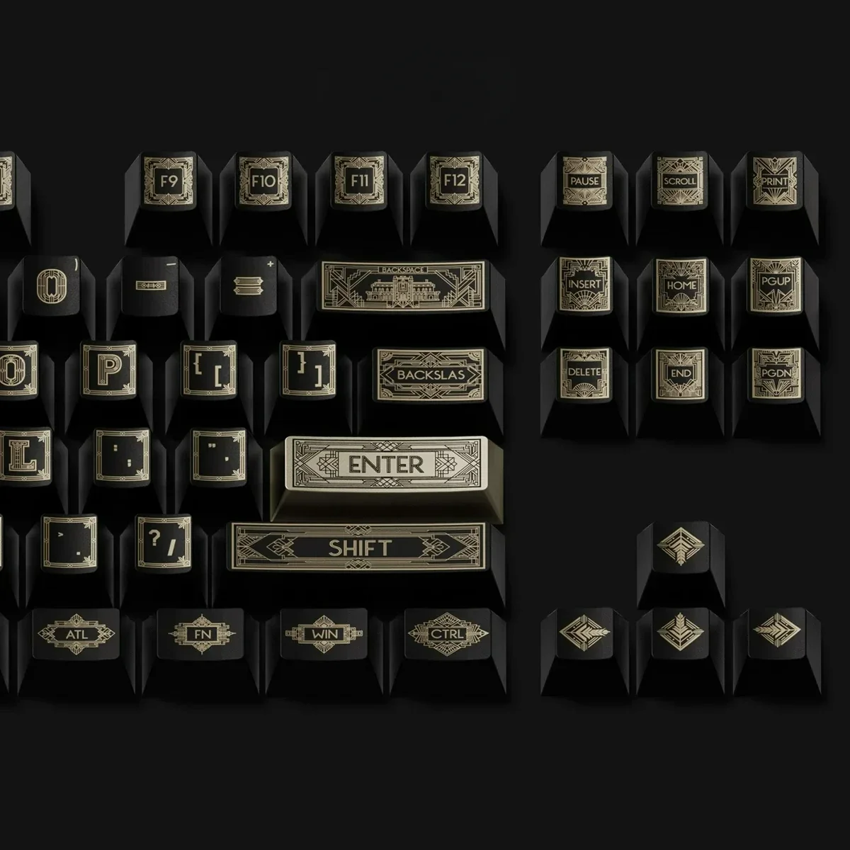 A detailed view of the The Great Gatsby Cherry Keycap Set, showcasing its retro patterns for a luxurious, Gatsby-inspired aesthetics.