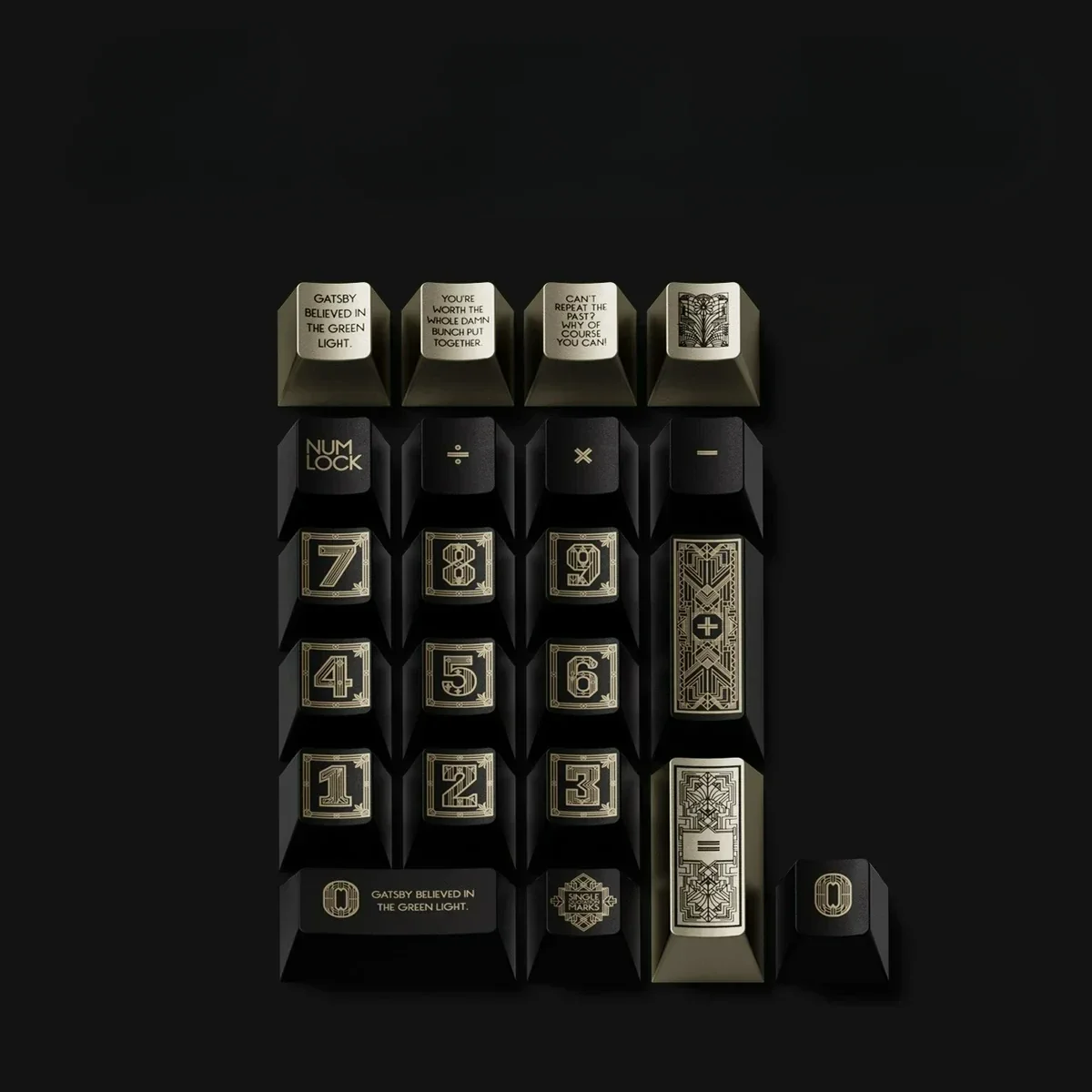 Showcasing the full The Great Gatsby Cherry Keycap Set with its vintage design, evoking lavish luxury.