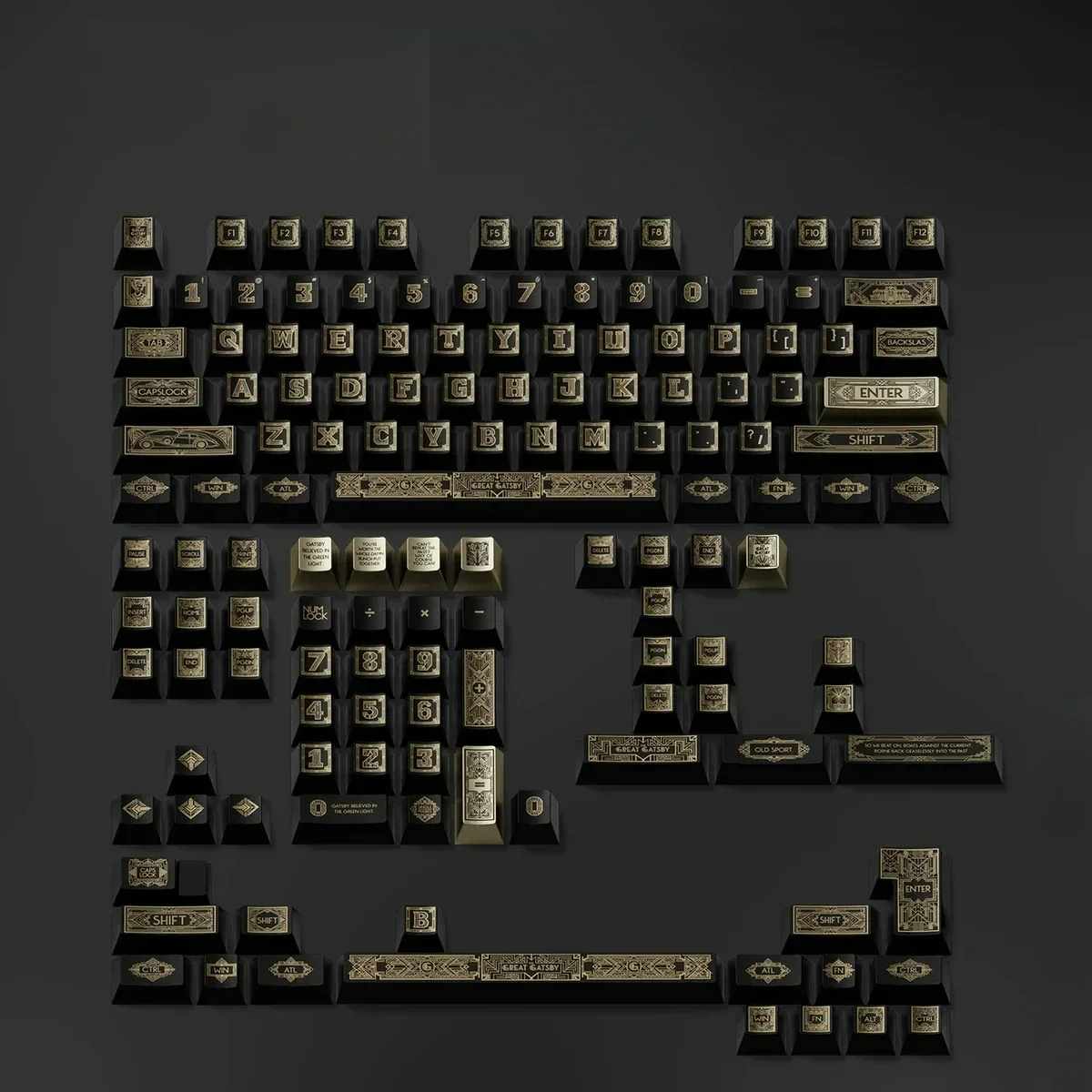 The Great Gatsby Cherry Keycap Set displayed from a unique angle, showcasing its vintage design and luxurious 1920s glamour.