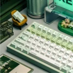 Vibrant Green Apple Paradise PBT Dye-Sub Keycaps Set, featuring playful, nostalgic green apple designs from various angles and keycap profiles.