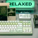 Vibrant Green Apple Paradise PBT dye-sub keycaps displayed from multiple angles, highlighting their playful, nostalgic orchard theme.