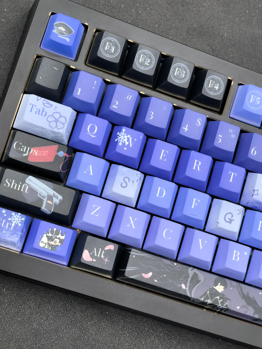 Close-up of a handcrafted Gu Shiye keycap, showcasing its intricate, fantastical character design and ethereal artistry from a unique angle.