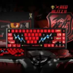 Multiple angles of the iconic Johnny Ridden Zaku II crimson metallic PBT keycaps set, highlighting its striking red finish and premium Gundam Zaku design.