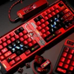 Premium Johnny Ridden Zaku II crimson metallic PBT keycaps set from various angles, highlighting its iconic Gundam Zaku aesthetic and striking metallic.