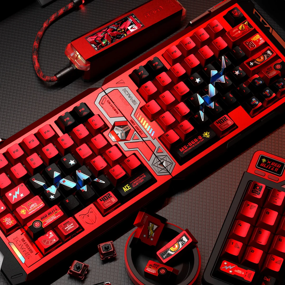 Premium Johnny Ridden Zaku II crimson metallic PBT keycaps set from various angles, highlighting its iconic Gundam Zaku aesthetic and striking metallic.