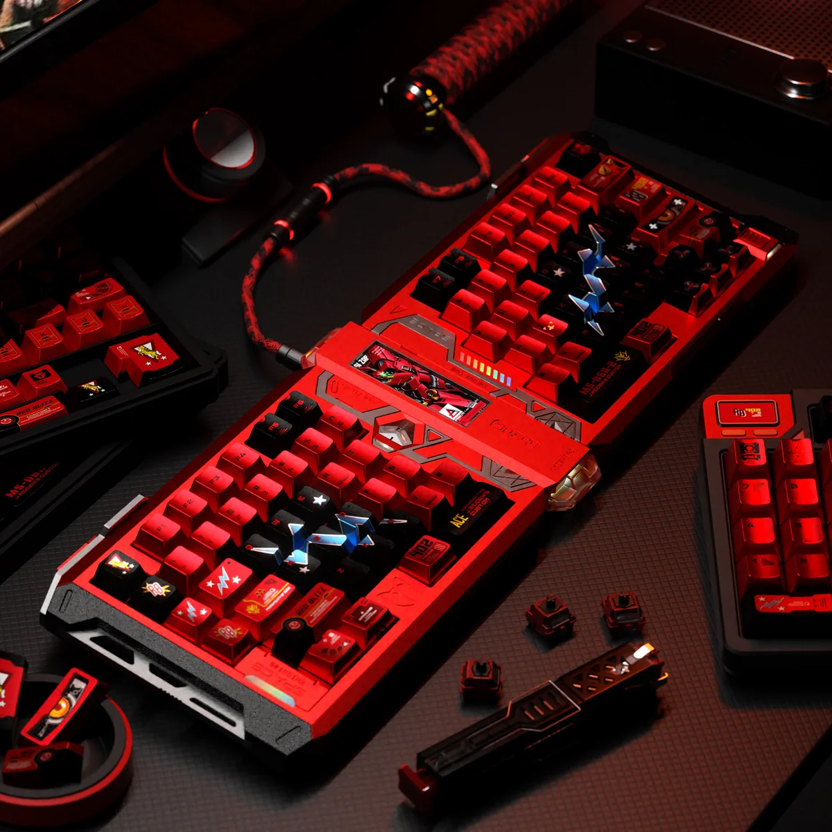 Premium Johnny Ridden Zaku II Crimson Metallic PBT keycaps set, showcasing its striking crimson red metallic finish and iconic Gundam aesthetic.