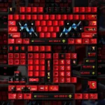Vibrant crimson metallic Johnny Ridden Zaku II PBT keycaps displayed from various angles, emphasizing their iconic Gundam design and premium finish.