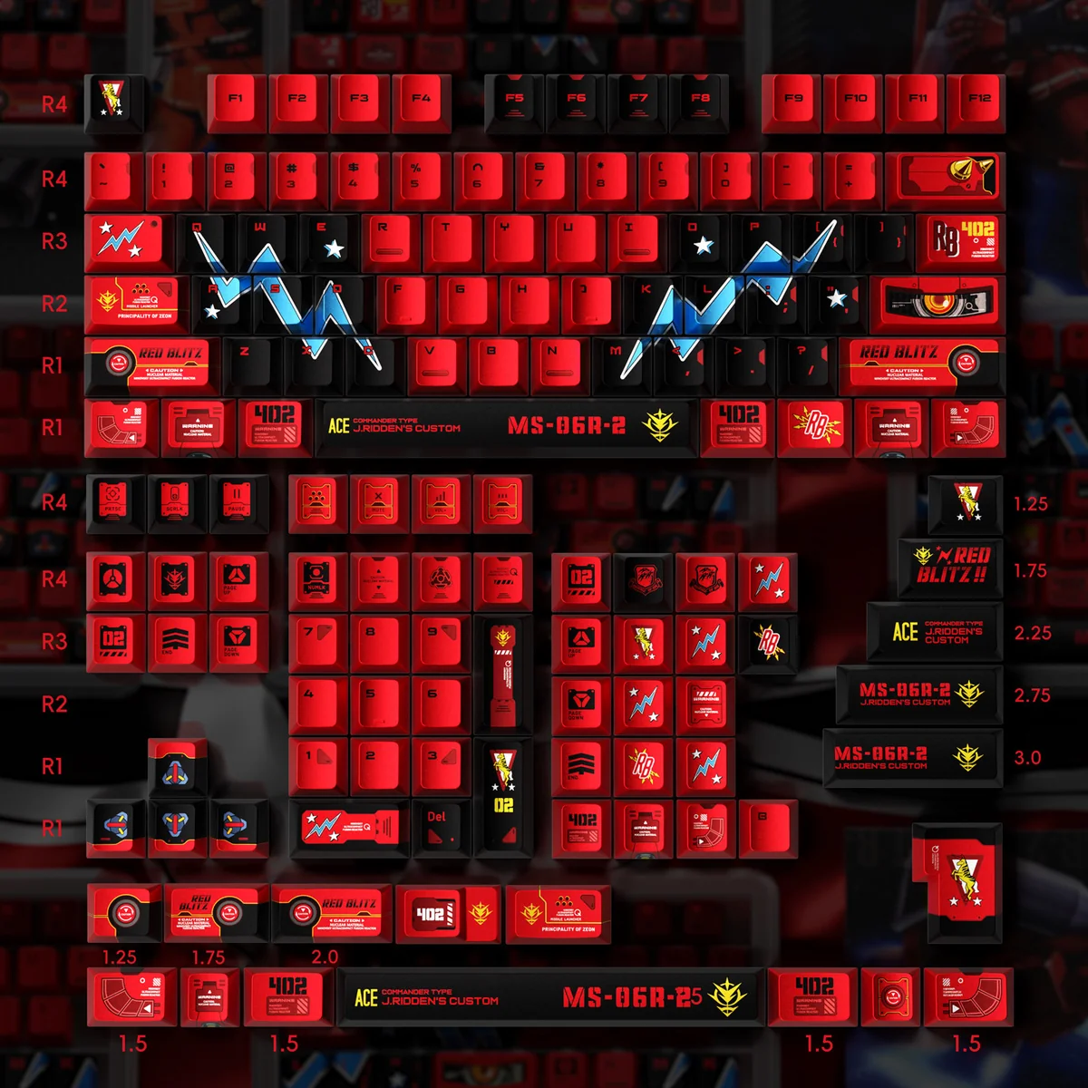 Vibrant crimson metallic Johnny Ridden Zaku II PBT keycaps displayed from various angles, emphasizing their iconic Gundam design and premium finish.