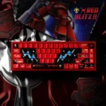 Iconic Johnny Ridden Zaku II Gundam Zaku Keycaps in striking crimson metallic PBT finish. Premium keycap set for enthusiasts.