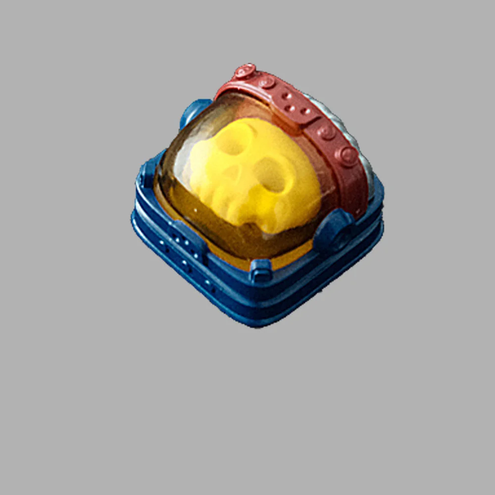 Handcrafted resin astronaut backlit keycap. Detailed astronaut in translucent resin, showcasing artistic space exploration from various angles.