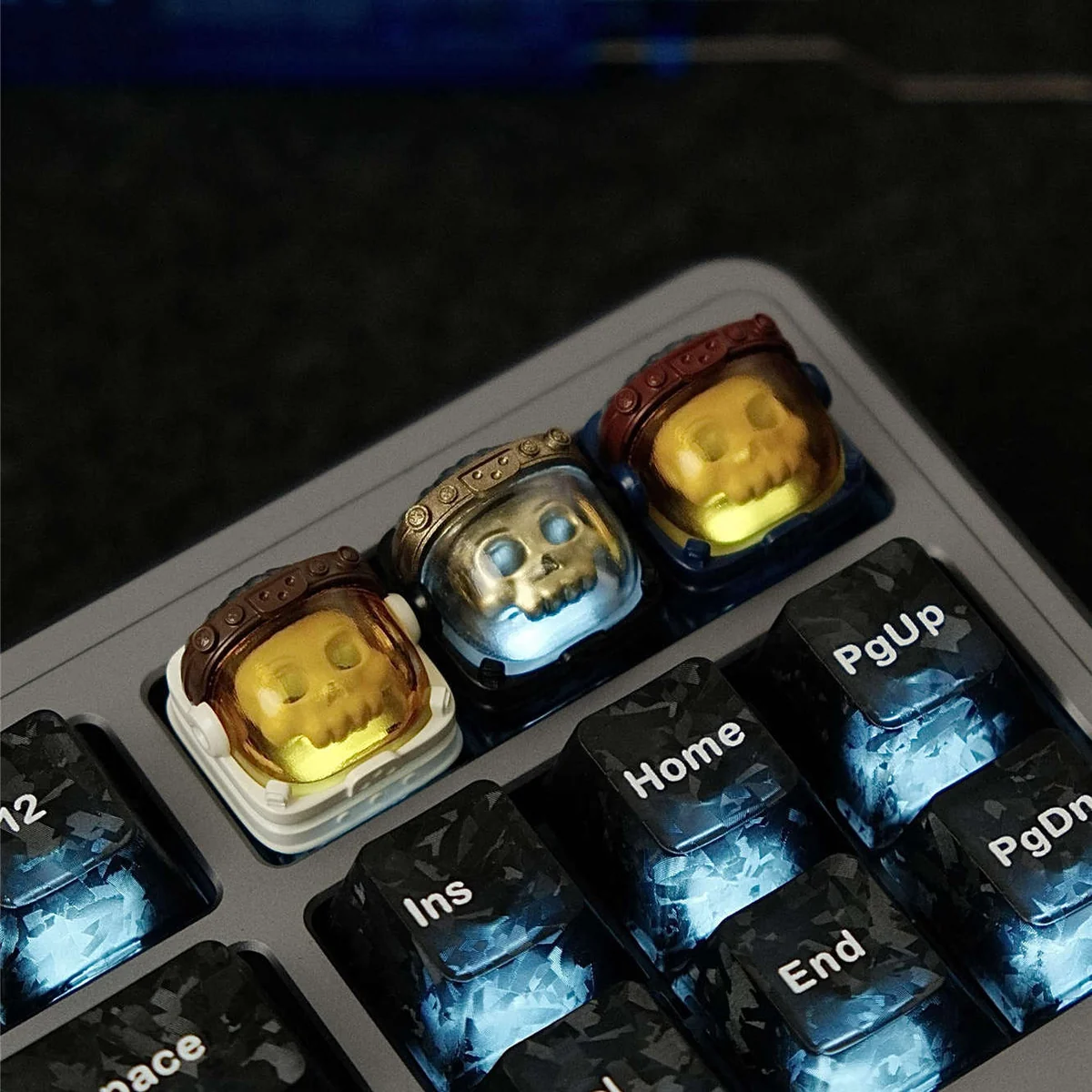 Handcrafted resin astronaut backlit keycap. Detailed astronaut figure in translucent resin, artistic space art evoking cosmic exploration.