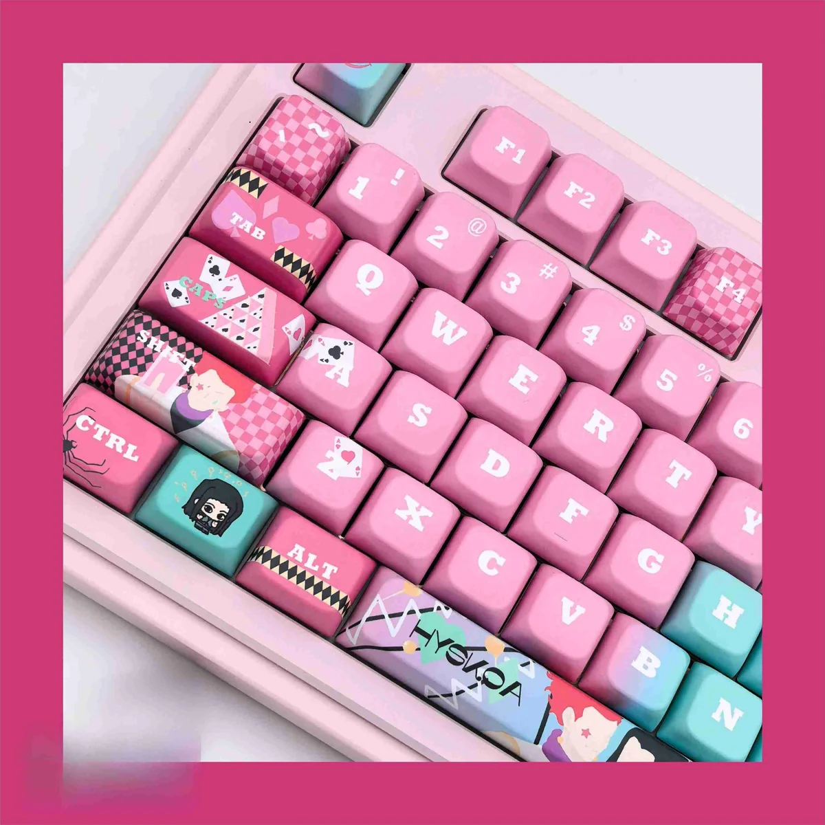 Premium Hisoka and Illumi Zoldyck PBT MDA keycaps. Angled views showcase the dark, mysterious Hunter x Hunter tribute and signature motifs.