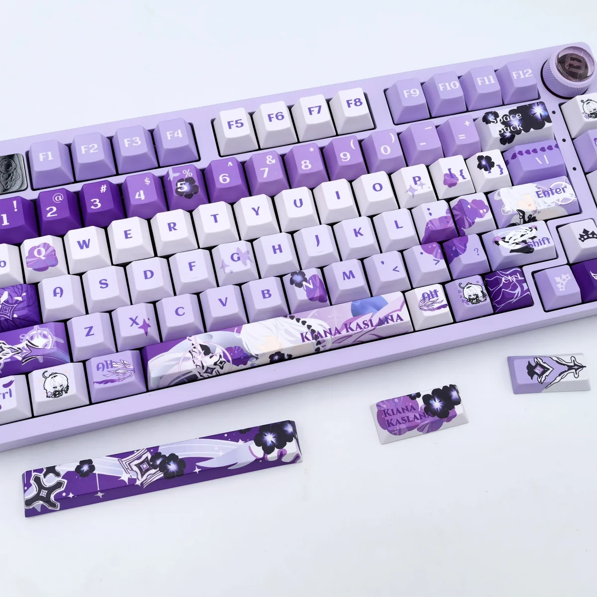 Close-up of Honkai Kiana Kaslana Herrscher of Finality PBT dye-sub keycaps, showcasing intricate anime art and premium texture from multiple angles.