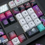 Honkai Star Rail PBT dye-sublimated keycaps, various angles. Highlights exclusive deep sci-fi anime colors and crisp side legends.