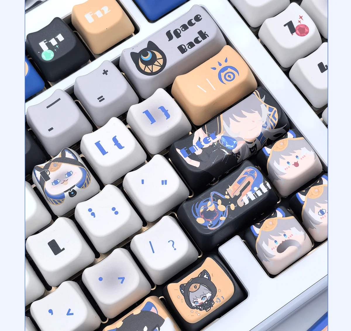 Close-up of the exclusive Honkai Star Rail Cifera PBT keycap set, showcasing vibrant cosmic character art and premium gaming aesthetics for a truly fans collection.