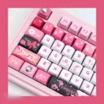 Exclusive Honkai Star Rail Evanescia PBT keycaps set displayed from various angles, highlighting the elegant mystical crimson and indigo palette.