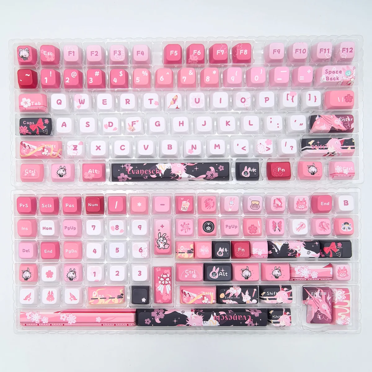 Exclusive Honkai Star Rail Evanescia PBT Keycaps Set, featuring a mystical crimson and indigo palette inspired by Evanescia's elegant design.