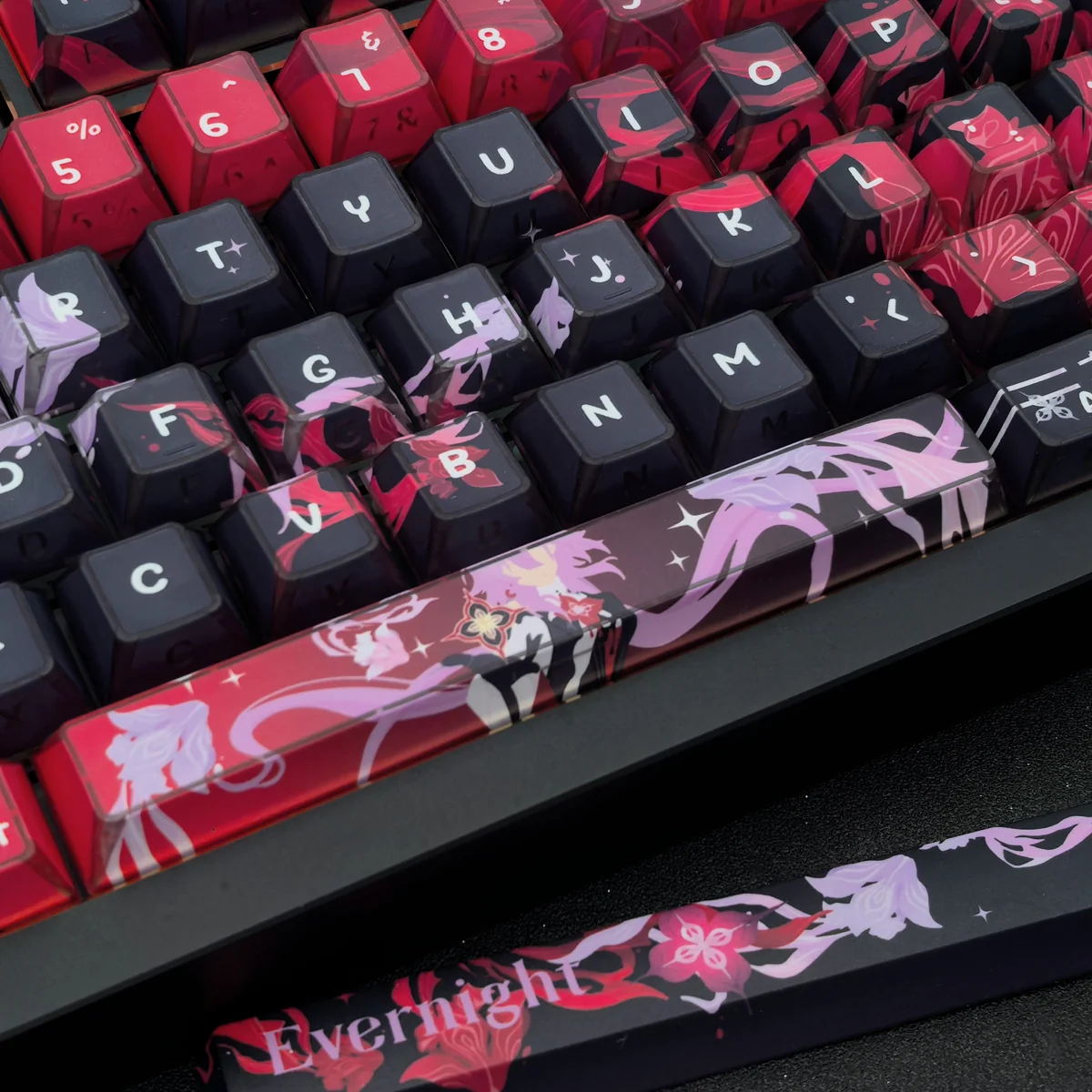 Official Honkai Star Rail Evernight PBT keycap set, showcasing its ethereal celestial design and folded shadow aesthetics from various premium angles.
