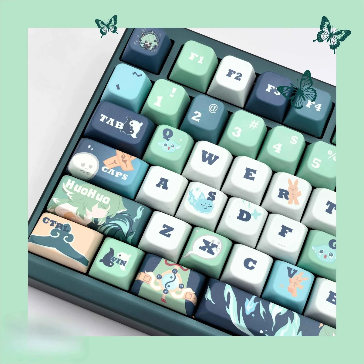 Close-up of the Huohuo Keycap Set, showcasing the whimsical Honkai: Star Rail spectral charm design with vibrant anime-inspired Huohuo character art.