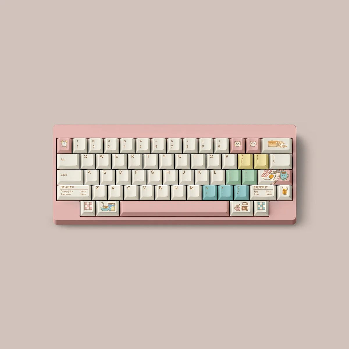 Iridescent Milky White Breakfast PBT Dye-Sub Keycaps featuring pastel motifs, vibrant rainbow accents, and durable milky white design.