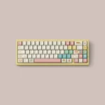 Iridescent Milky White Breakfast PBT Dye-Sub Keycaps. Breakfast motifs, rainbow accents, and durable milky white design shown from various angles.