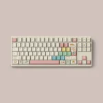Iridescent Milky White Breakfast PBT Dye-Sub Keycap Set with playful pastel food motifs and vibrant rainbow accents on durable milky white PBT.