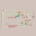 Iridescent Milky White Breakfast PBT Dye-Sub Keycaps. Pastel breakfast motifs, rainbow accents on durable milky white keys. Unique breakfast keycaps.