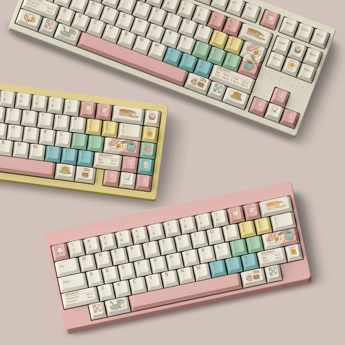 Iridescent Milky White Breakfast PBT Dye-Sub Keycaps featuring charming pastel breakfast motifs, vibrant rainbow accents on milky white. Durable and unique.
