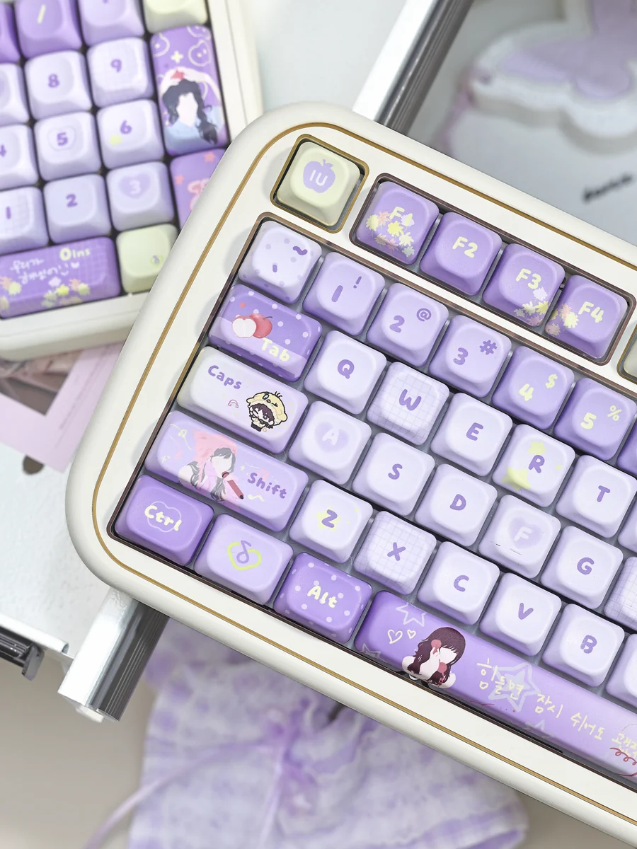 IU Lee Ji-eun keycap set close-up, showcasing exclusive PBT material's serene elegance. Artistic detail highlights dreamy aesthetic and sophisticated legends.