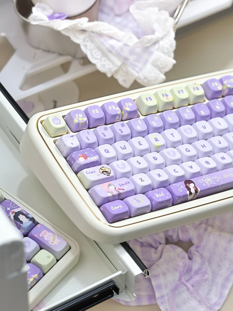 A detailed view of the IU Lee Ji-eun Keycap Set, highlighting the serene elegance and sophisticated PBT texture from a unique angle, embodying exclusive IU-inspired.