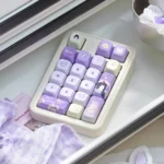 Explore the exclusive IU Lee Ji-eun keycap set from different angles, highlighting the dreamy, sophisticated PBT keyboard art and serene elegance inspired by IU.