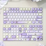 Close-up of the exclusive IU Lee Ji-eun keycap set, showcasing PBT keycaps with serene elegance and sophisticated IU-inspired artistry from a unique angle.