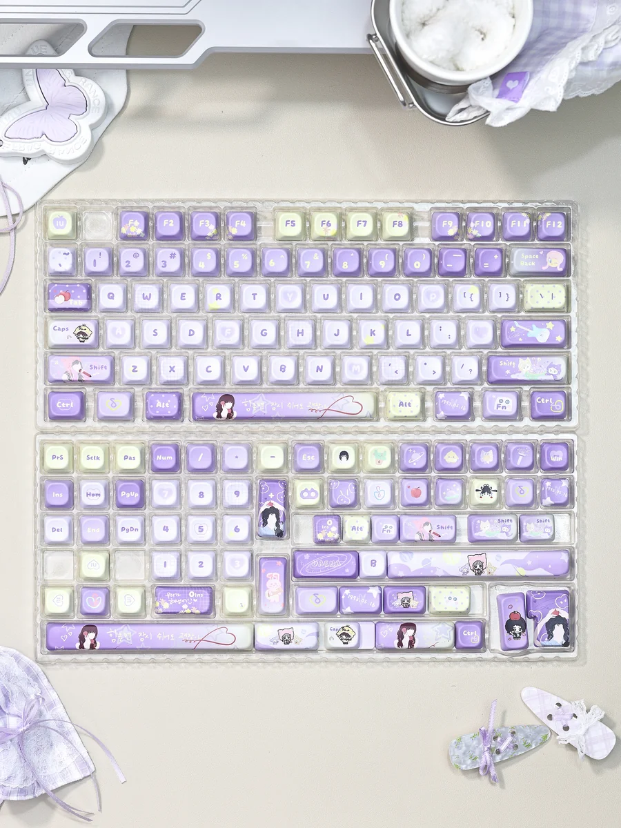 Close-up of the exclusive IU Lee Ji-eun keycap set, showcasing PBT keycaps with serene elegance and sophisticated IU-inspired artistry from a unique angle.
